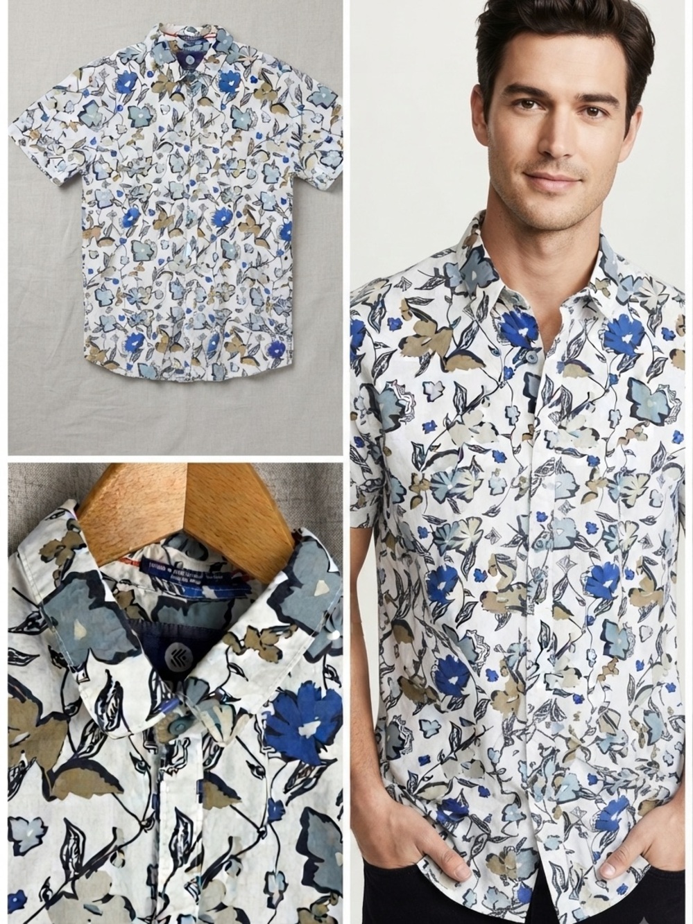 Noize Mens AMSTRDM Floral Shirt White Sage Blue Shirt Urban Ethical Fashion L XL